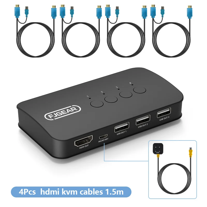 FJ-HK401 FJGEAR Manufacturing Price Manual 4 Port 4 In 1 out HDMI HD Video Kvm Switch 3840*2160/30Hz  HDMI 2.0 KVM Switch