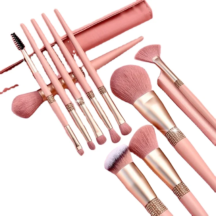 Low Moq Professional Custom Logo Pink Angled Kabuki Foundation Brush High Techniques Bling Makeup Brush Set High Quality