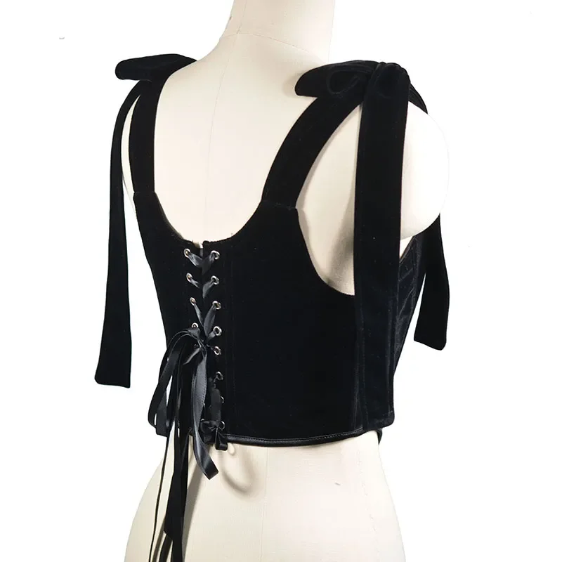 Velvet Retro Bodice Black Lace Bow Camisole Y2k Vintage Velvet Sexy Corset Tops Strappy Halter