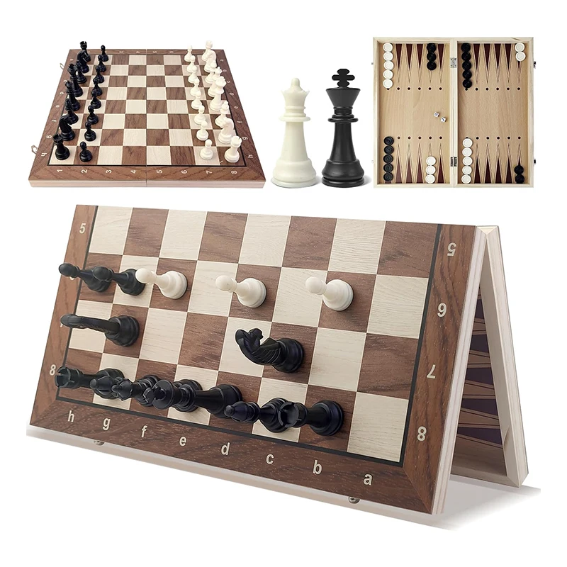 15 Inches Wooden Chess Board Set 3 in 1 Magnetic Chess Checkers with Folding Board Portable Travel Chess Set for Adults & Kids