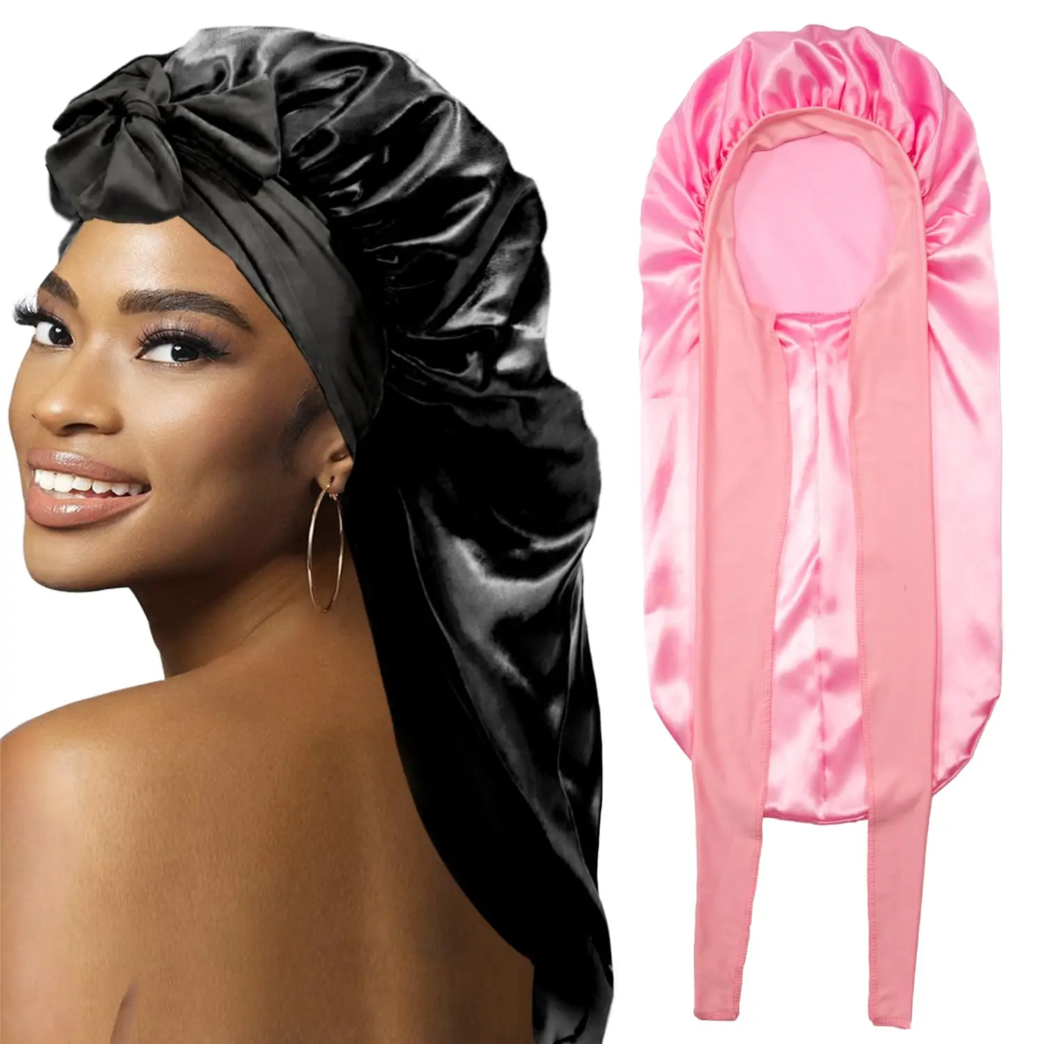 Custom Logo Designed Satin Braid Long Bonnet Night Cap with Stretchy Tie Band  Elastic Long Head Tie Hair Sleeping Bonnets