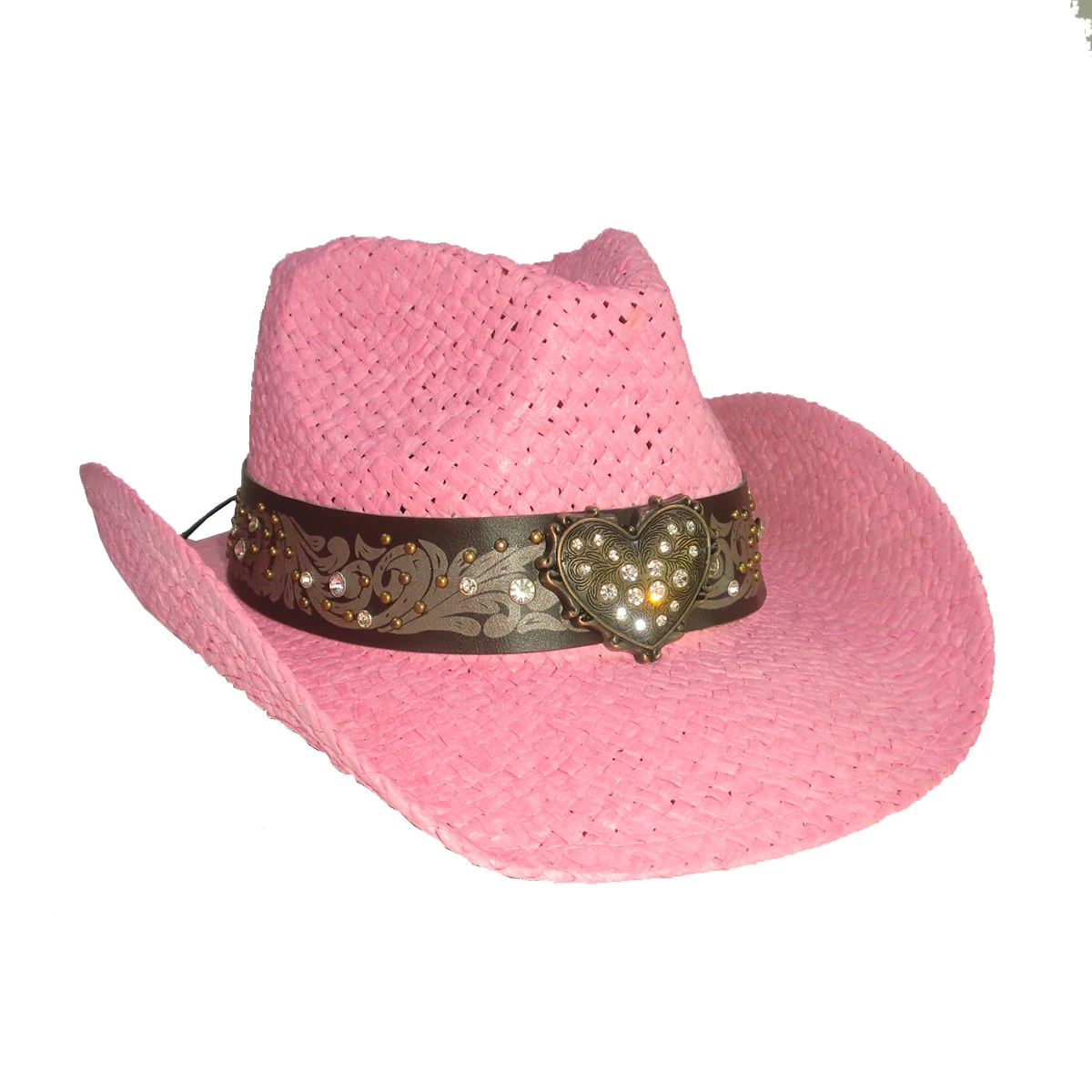 High Quality Women Paper Straw Cowgirl Pink Straw Hat Shapable Brim Sombreros Party Fashion Straw Cowboy Hat