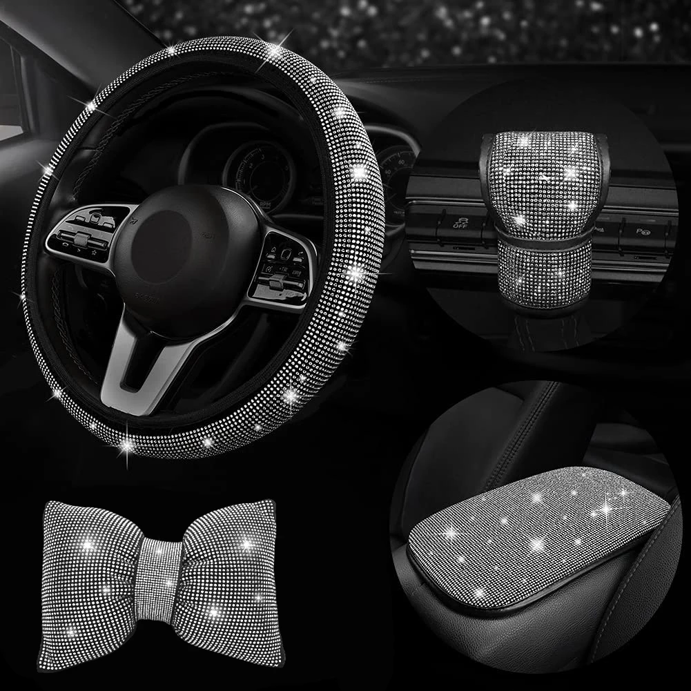 Diamond Car Headrest Neck Pillow Waist Rest Handbrake Gear Shoulder Armrest Cover Steering Wheel Cover Set for Girl