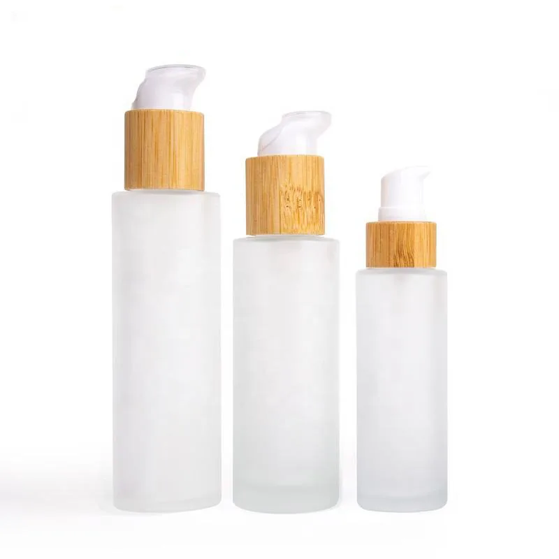 Orgontic New Developed Frosted Wooden Bamboo Cap Round Transparent 10ml 30ml 50ml Glass Bottle With Lotion Pump