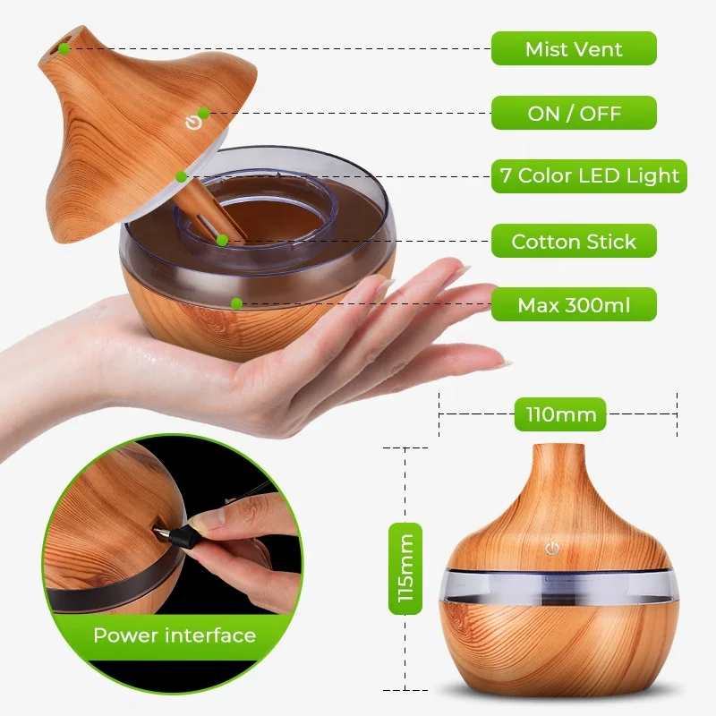 300ML USB Air Humidifier Electric Aroma Diffuser Mist Wood Grain Oil Aromatherapy Mini Have 7 LED Light For Car Home Office