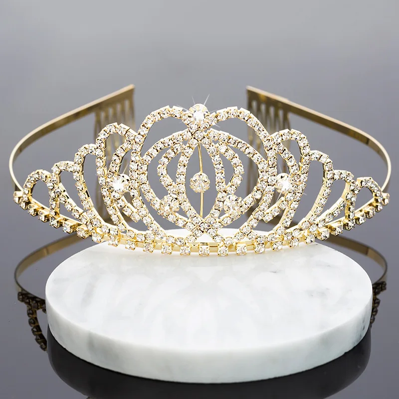 Wholesale Korean version of rhinestone hair band children princess crown birthday cake decoration gold crown tiara with comb