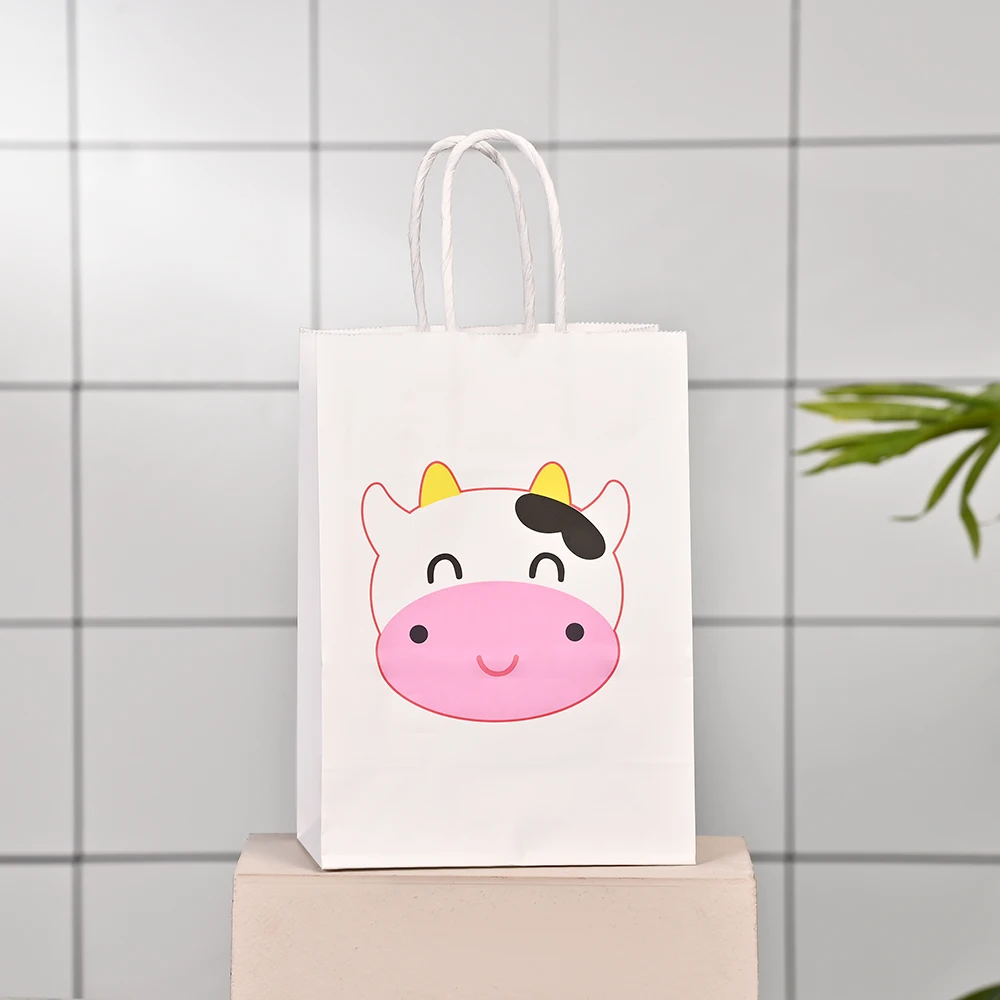 STOCK 21*15*8cm Birthday Party Kraft Paper Bags Printing Party Decoration Animal cow Gift Bags Kids Tote Bag