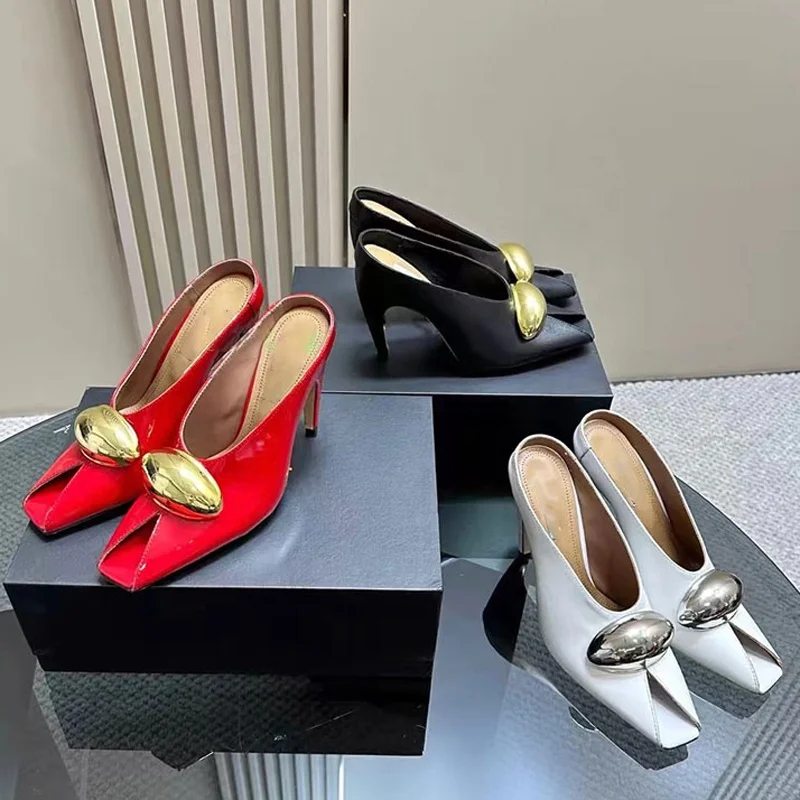 Metal Ornament Women Solid Sandals Hook High Heels Stiletto Dress Shoes Thin High-Heeled Mules Party Peep Toe Slides