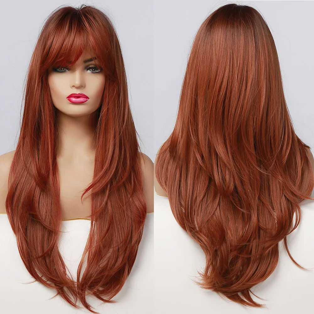 Red Brown Copper Ginger Long Synthetic Wigs for Women Natural Wave Wigs with Bangs Heat Resistant Cosplay Hair 28 inch
