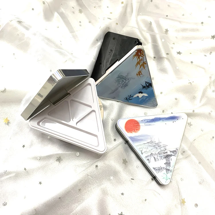 Best selling triangle shape 4 colors empty packaging magnetic eyeshadow palette case with brush palette