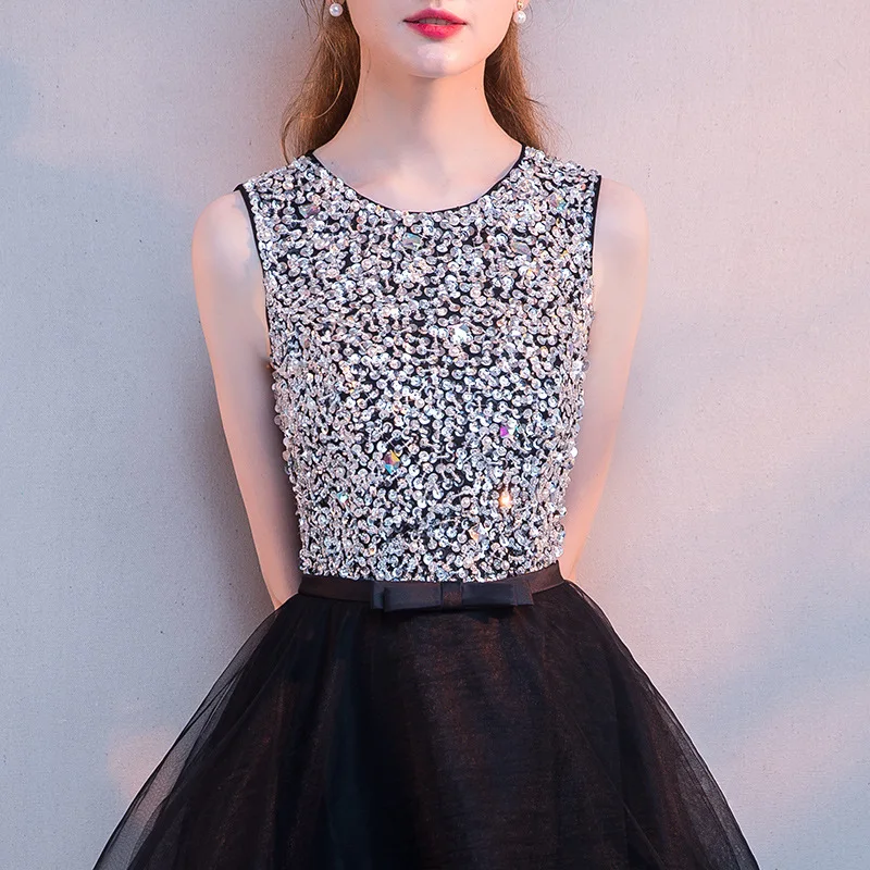 Factory sale princess little black dress elegant sequined A-line high-low evening dress