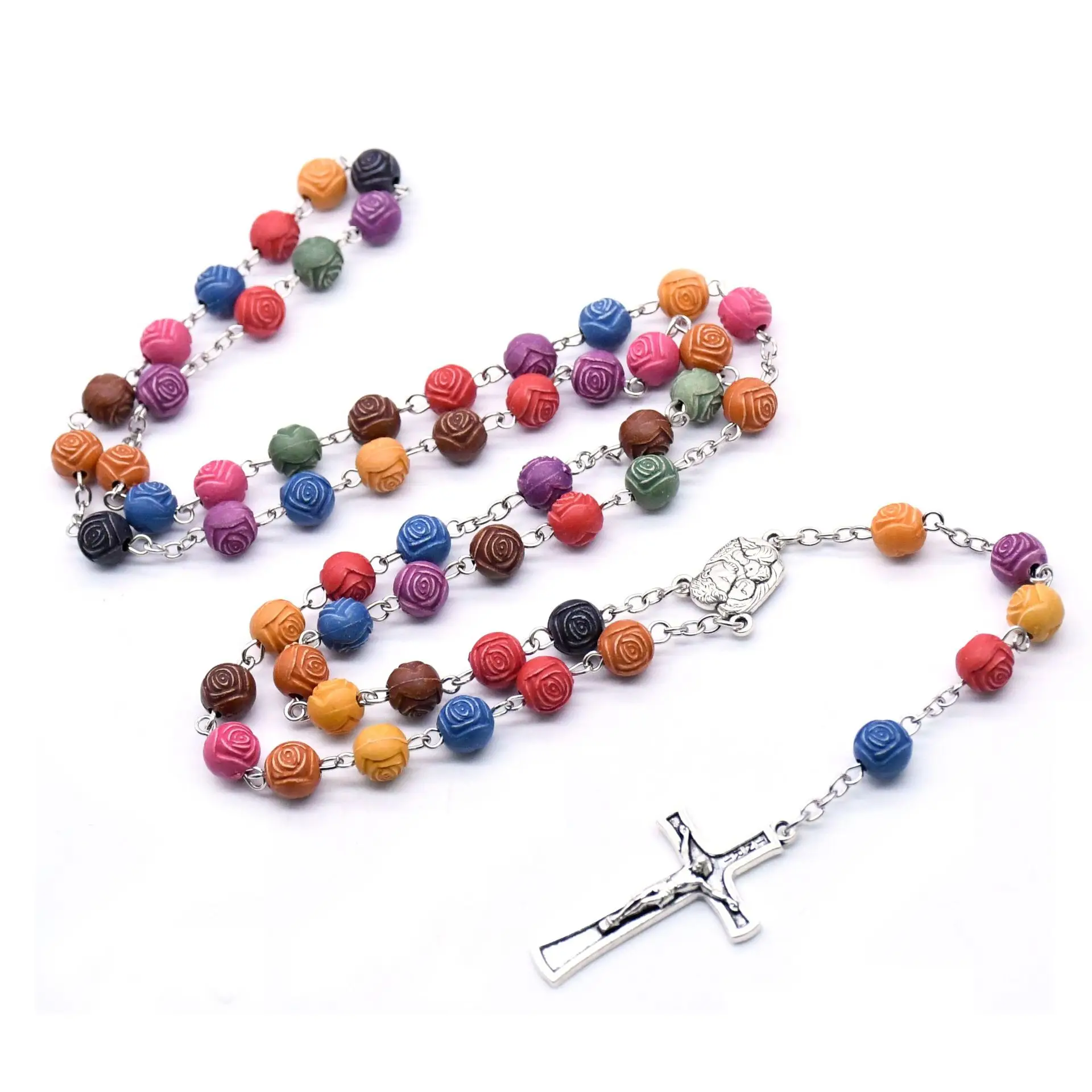 8mm Holy Family Rose Beads Rosary Christ Cross Necklace Holy Church Prayer Beads