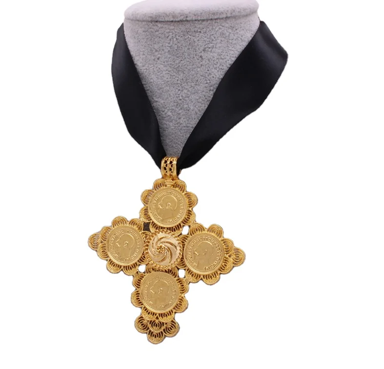Exaggerate oversize metal gold color ethiopian cross necklace with ribbon