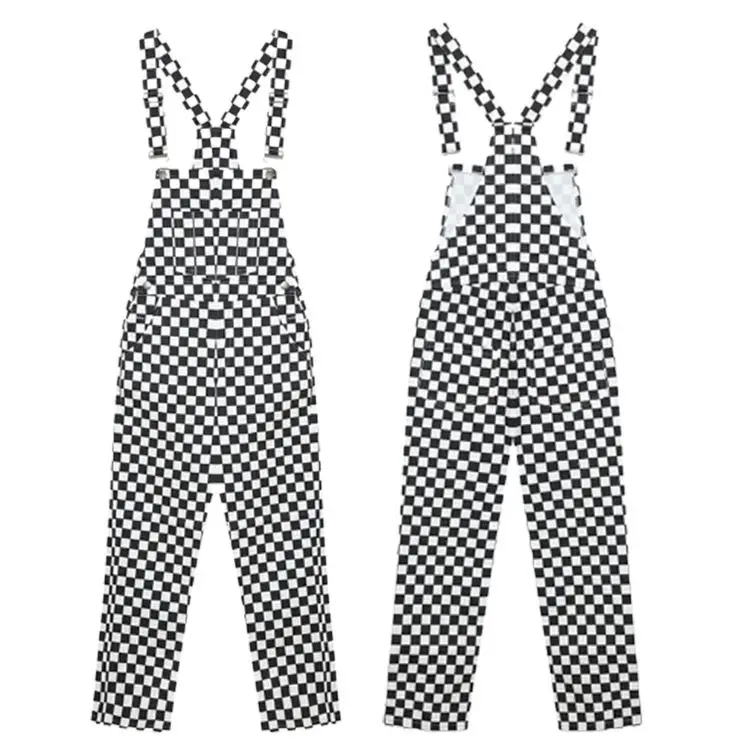 womens street fashion cute Adjustable Strap Check Plaid Gingham Checkerboard suspender trousers bib overall Jumpsuit pant
