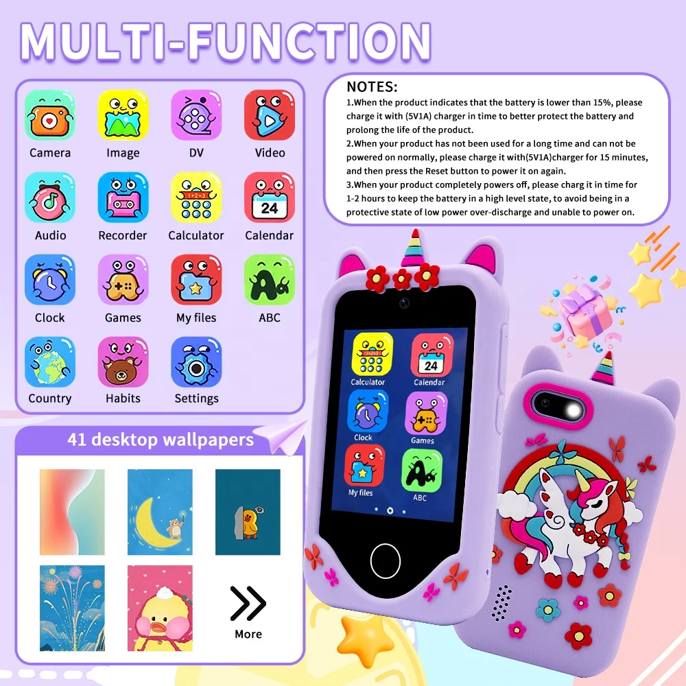Electronic Kids Toy Mobile Smart Cell Phone Cartoon Unicorn With Dual Camera Music Game Toy Phone Kids Smart Phone