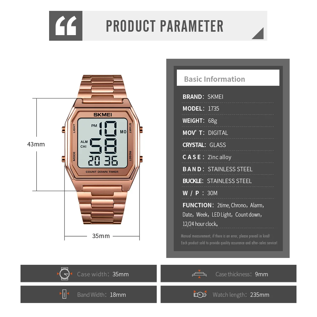 Relojes SKMEI 1735 Sport Watches Stainless Steel Multifunction Movement Digital Watch for Men Golden