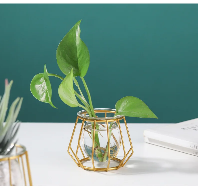 Nordic simple gold geometric iron hydroponic metal vase living room table top decoration glass flower vase ornaments