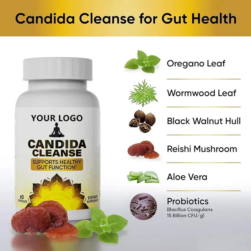 OEM candida cleanse capsules gut colon support intestinal detox anti yeast overgrowth supplement 60 capsules