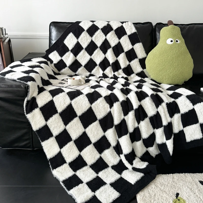 100% Polyester Baby Blanket 50*60in Fluffy Knitted Throw with Solid Striped Pattern Azo-Free Soft Feather Yarn Checkered Design