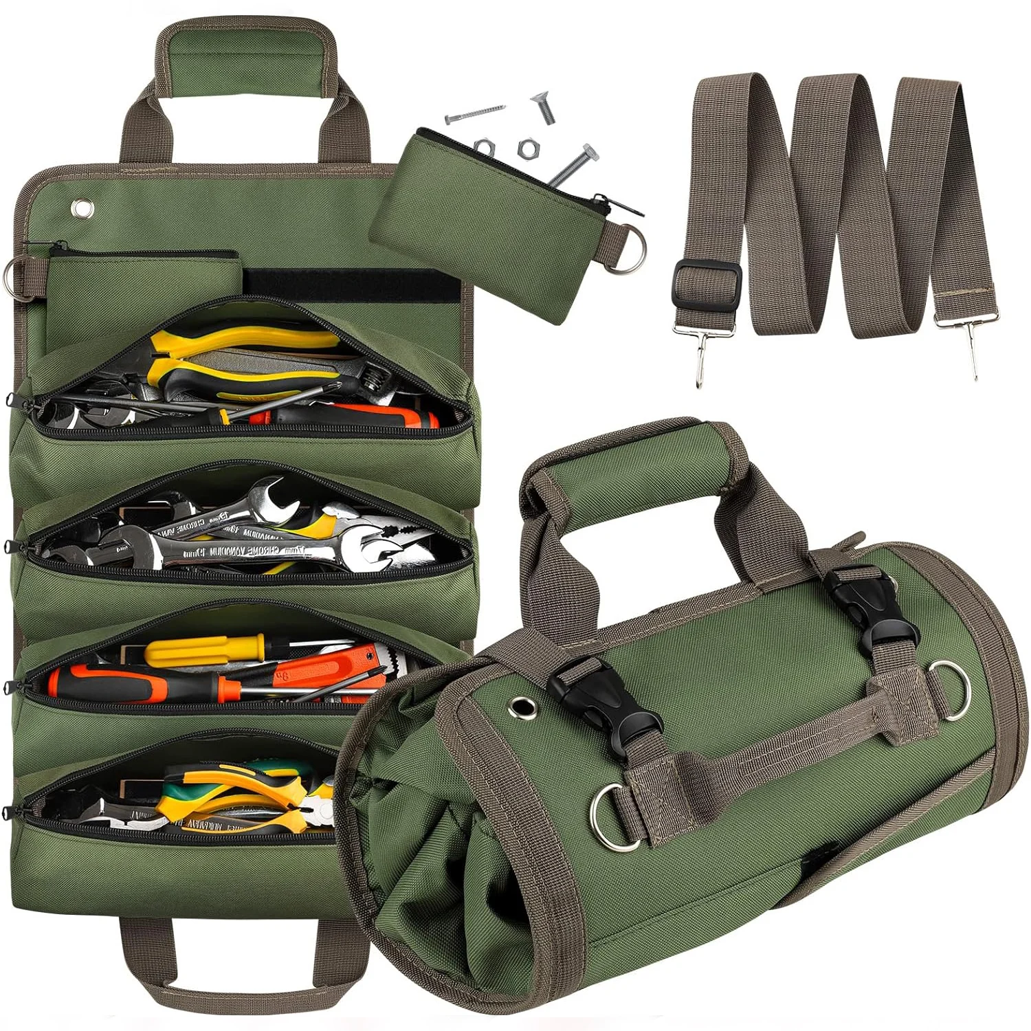 Tool Bag Roll Up, Heavy Duty Tool Organizer for Men Women, Portable Tool Storage Box with 2 Detachable Zipper Pouch