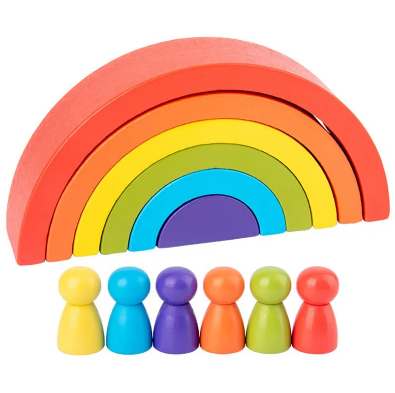 Wooden Rainbow Stacker Toys 7Pcs Nesting Stacking Game Educational Learning Toy Puzzle/Creative Colorful Building Blocks for Kid