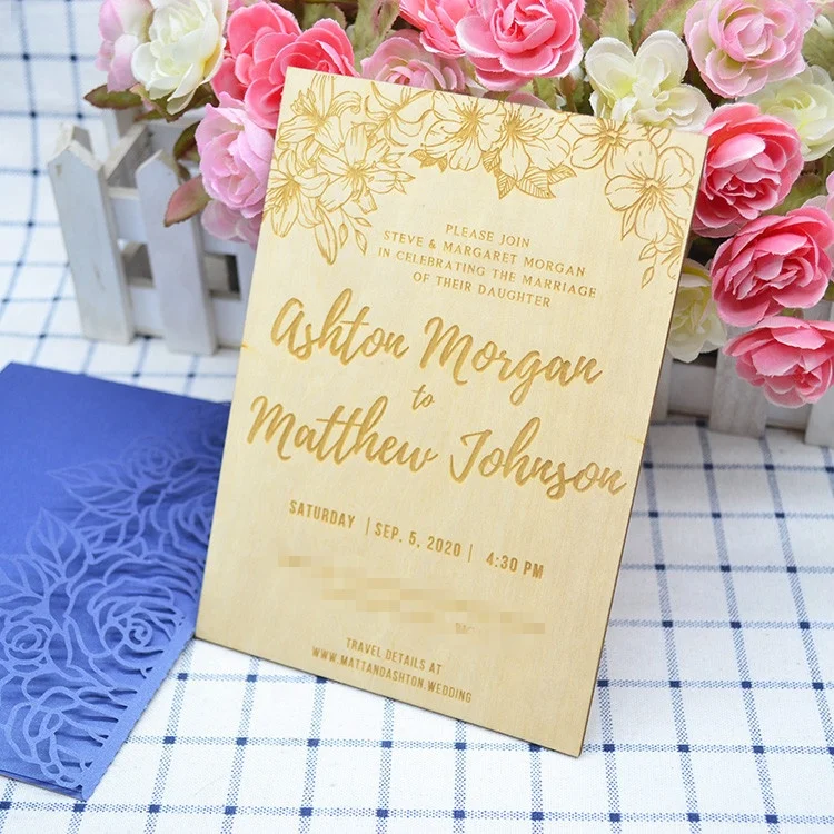 Wedding decoration wood carving laser cut custom wooden wedding invitations