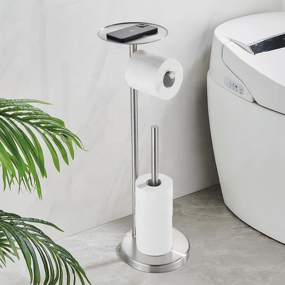 Black Gold Metal Floor Standing Toilet Paper Tower Holder With Phone Shelf Tissue Roll Dispenser Stand With Weighted Base