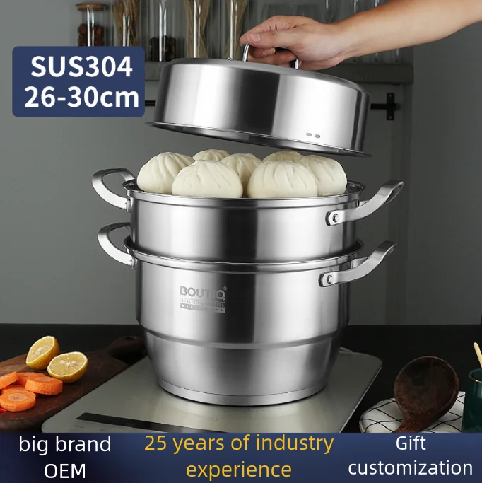 High Quality 3-Layer Stainless Steel Steamer Pot with Glass Lid Dual Purpose Kitchen Cooking and Couscous Pot for Home Use