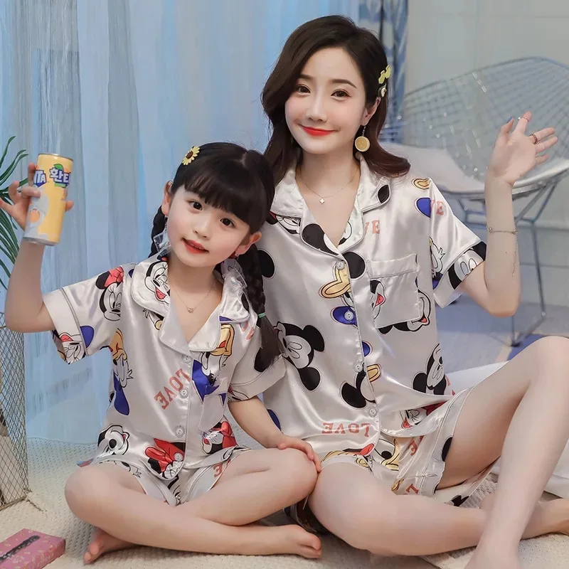 Летняя Детская Пижама, детский Шелковый Пижамный комплект для мальчиков и девочек, костюм для отцов для взрослых, атласная пижама, пижамный комплект с коротким рукавом