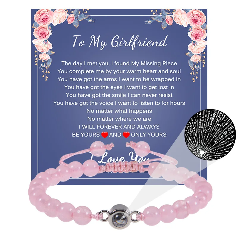 I Love You 100 Languages Heart Charm Natural Pink Crystal Quartz Stone Rope Braided Adjustable Bracelet With Paper Card For Wife