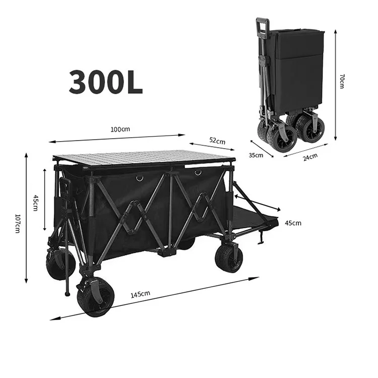 Hot sale Portable Four-Wheeled Metal Foldable Camping Trolley With Folding Table For Outdoor Camping Camping Cart