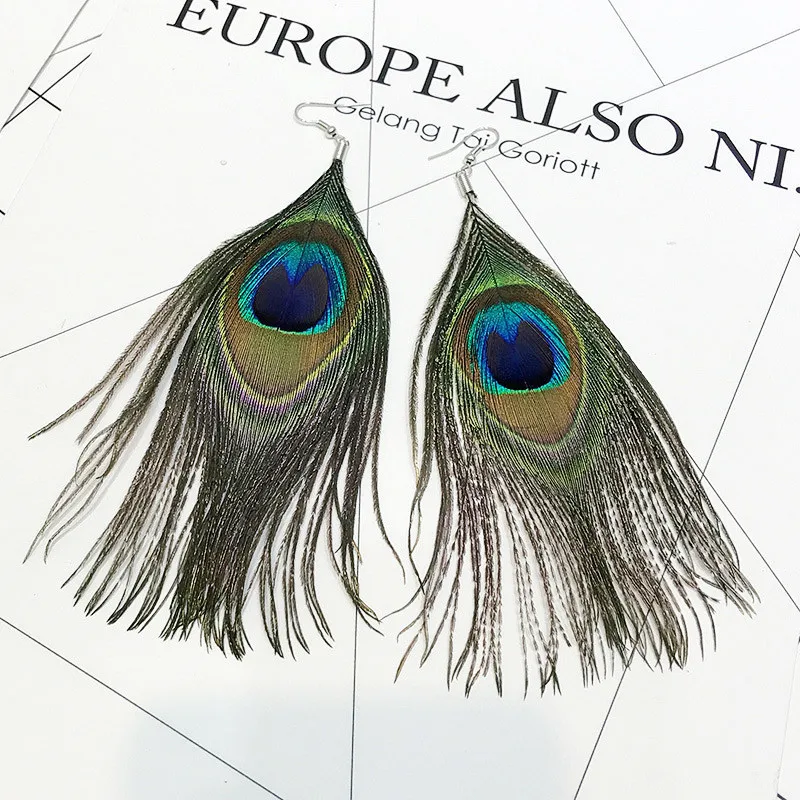 XIXI Jewelry Exaggerate Bohemian Ethnic Style Large Natural Peacock Feathers Tassels Earrings For Women