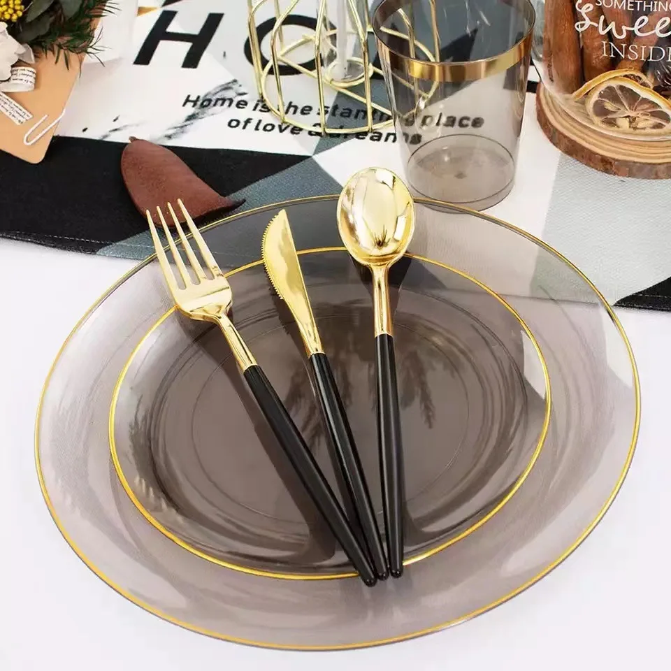 PS Hard Plastic Luxury Tableware Disposable Smoked Transparent Gold Stamping Dining Plate For Hotels Restaurants Party