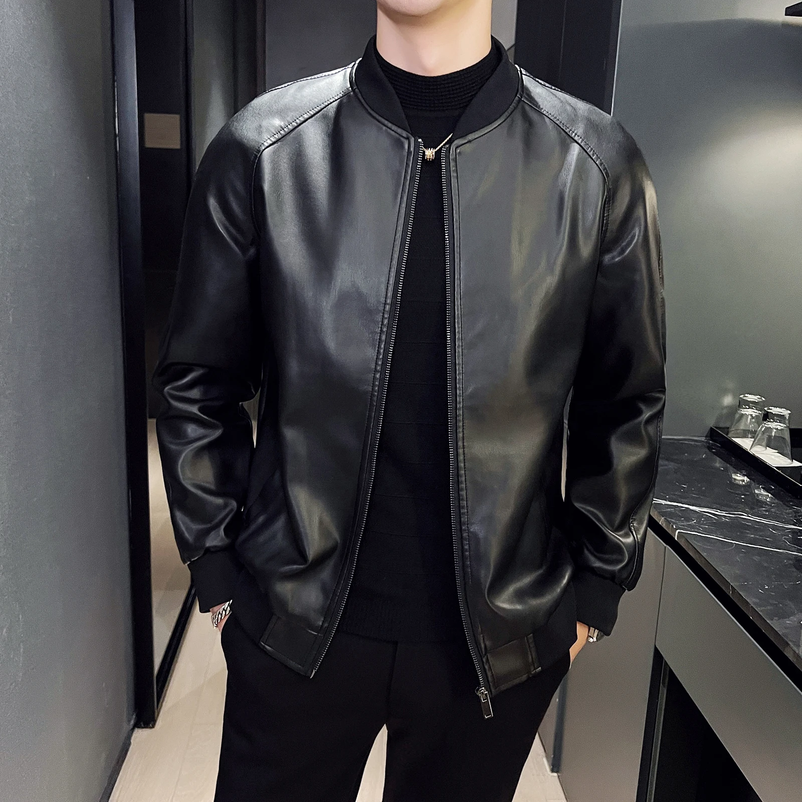 Liu Ming Wholesale Good Quality Autumn Winter Men Casual Stand Collar PU Coats Leather Bomber Jacket