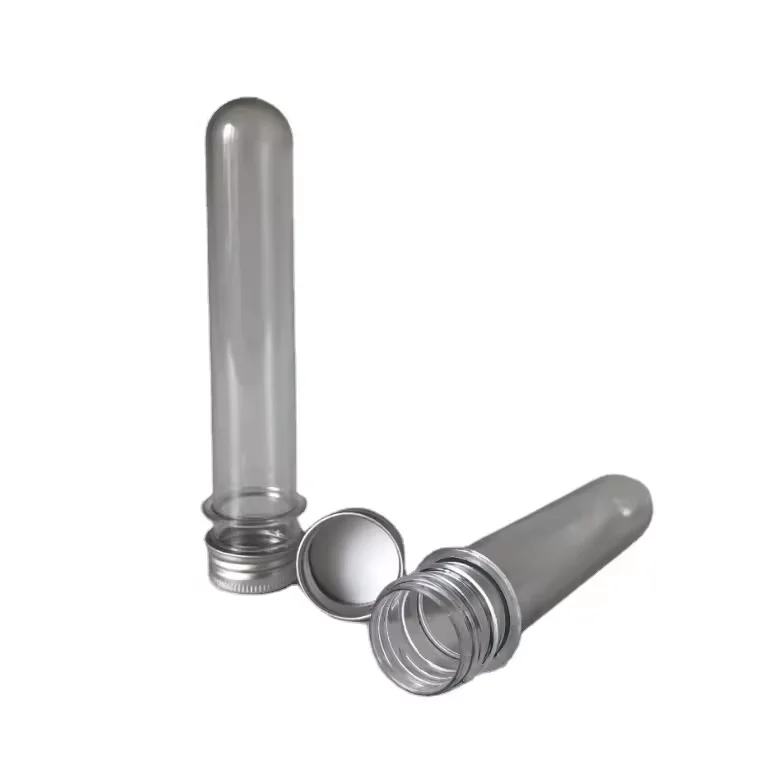 empty food grade 40ml  round shape plastic PET clear packaging tubes metal aluminium screw lids test tubes