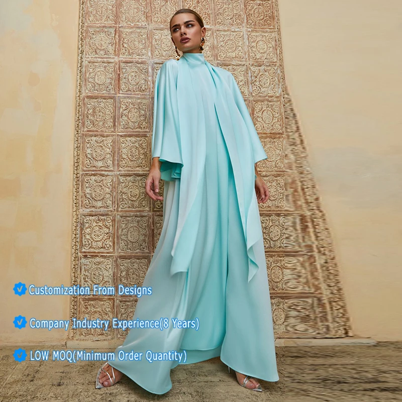 Islamic Prayer Ethnic Clothing High Quality Bow Collar Batwing Sleeve Solid Satin Muslim Abaya Dress Ramadan Festival Dubai Robe