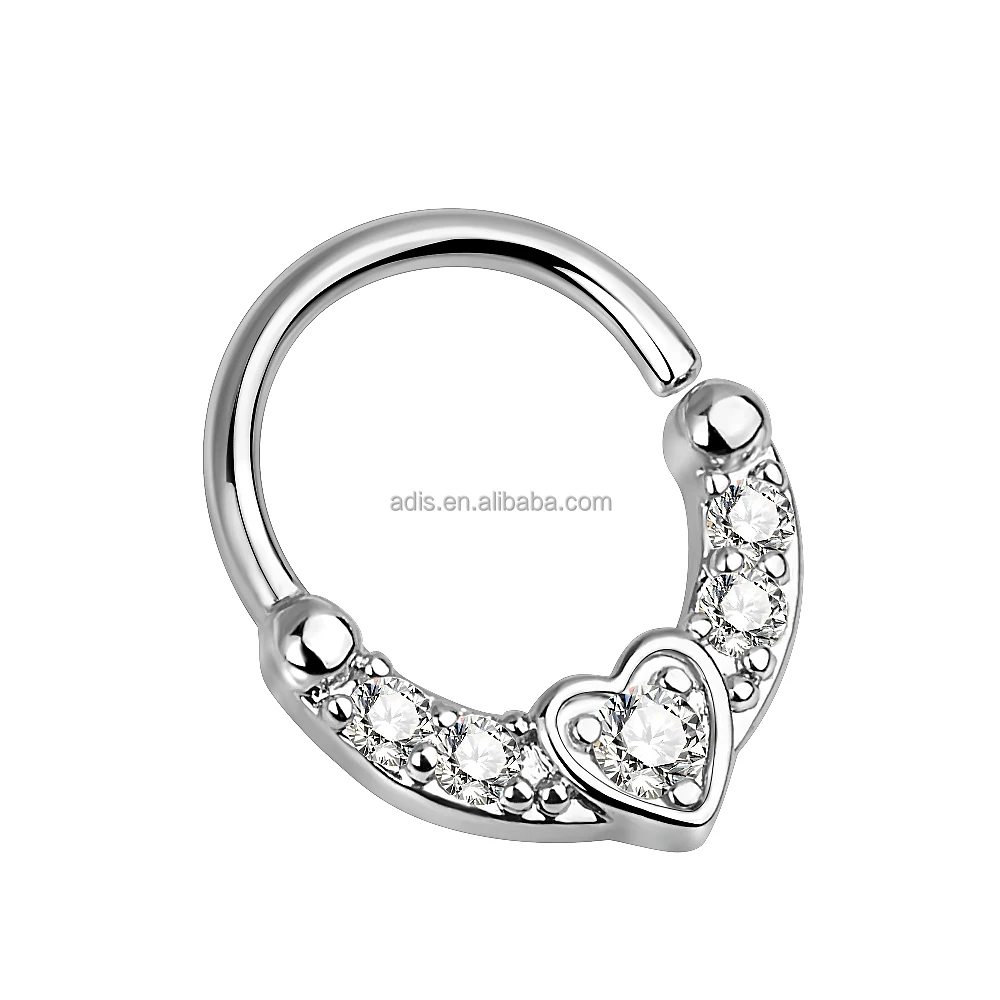 Fashion Glued Gem Surgical Piercing Jewelry Women Nose Ring Heart Shape Stainless Steel Septum Clicke Earring