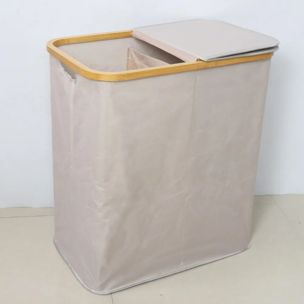 Factory Beige Bamboo Frame 2 Section Foldable Hamper Sorter Laundry Storage Basket with Lid
