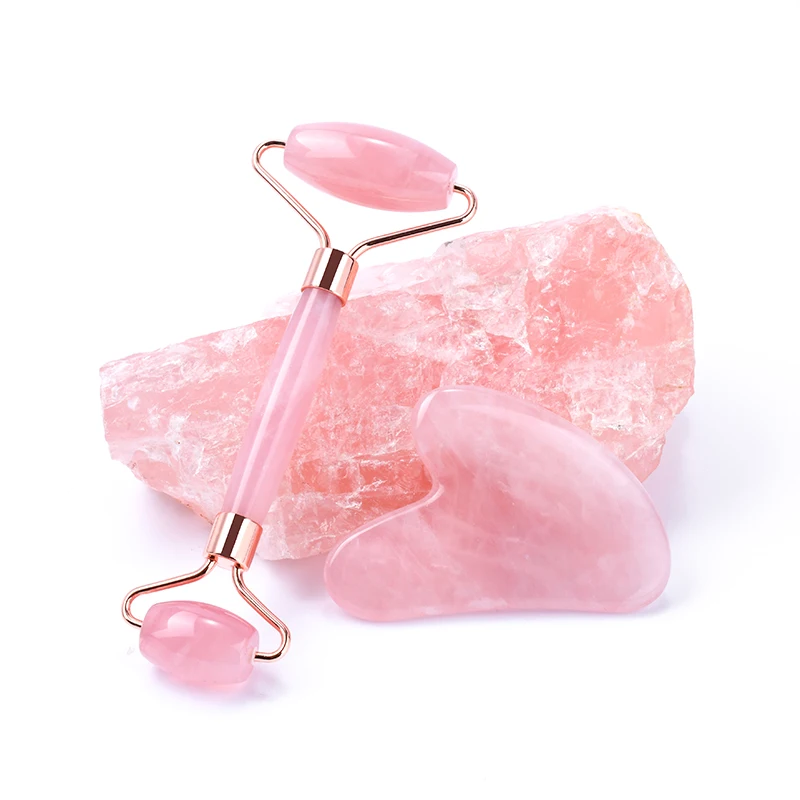 Custom Logo Pink Crystal Facial Massage Tool Jade Gua Sha Set Rose Quartz Face Roller Guasha Stone Skin Care Beauty Products