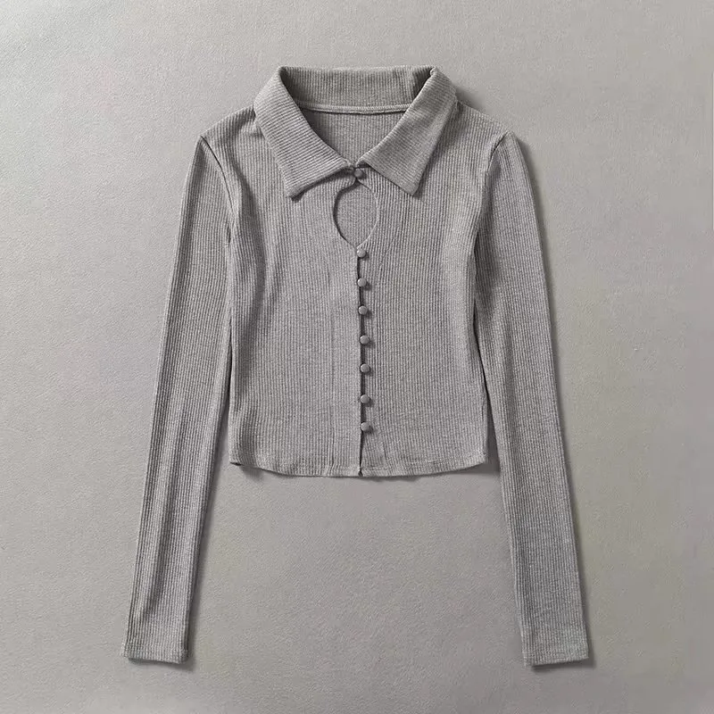 Wholesale cheap cardigan women sweater cropped sexy knitted white plain button sweater with polo neck