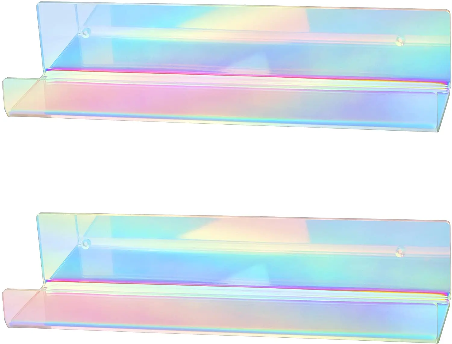 15' Clear Holographic Acrylic Floating Ledge Shelf 2-Piece Pack PS Plastic Wall Mounted with Sticker Logo Plastic Carton Packed
