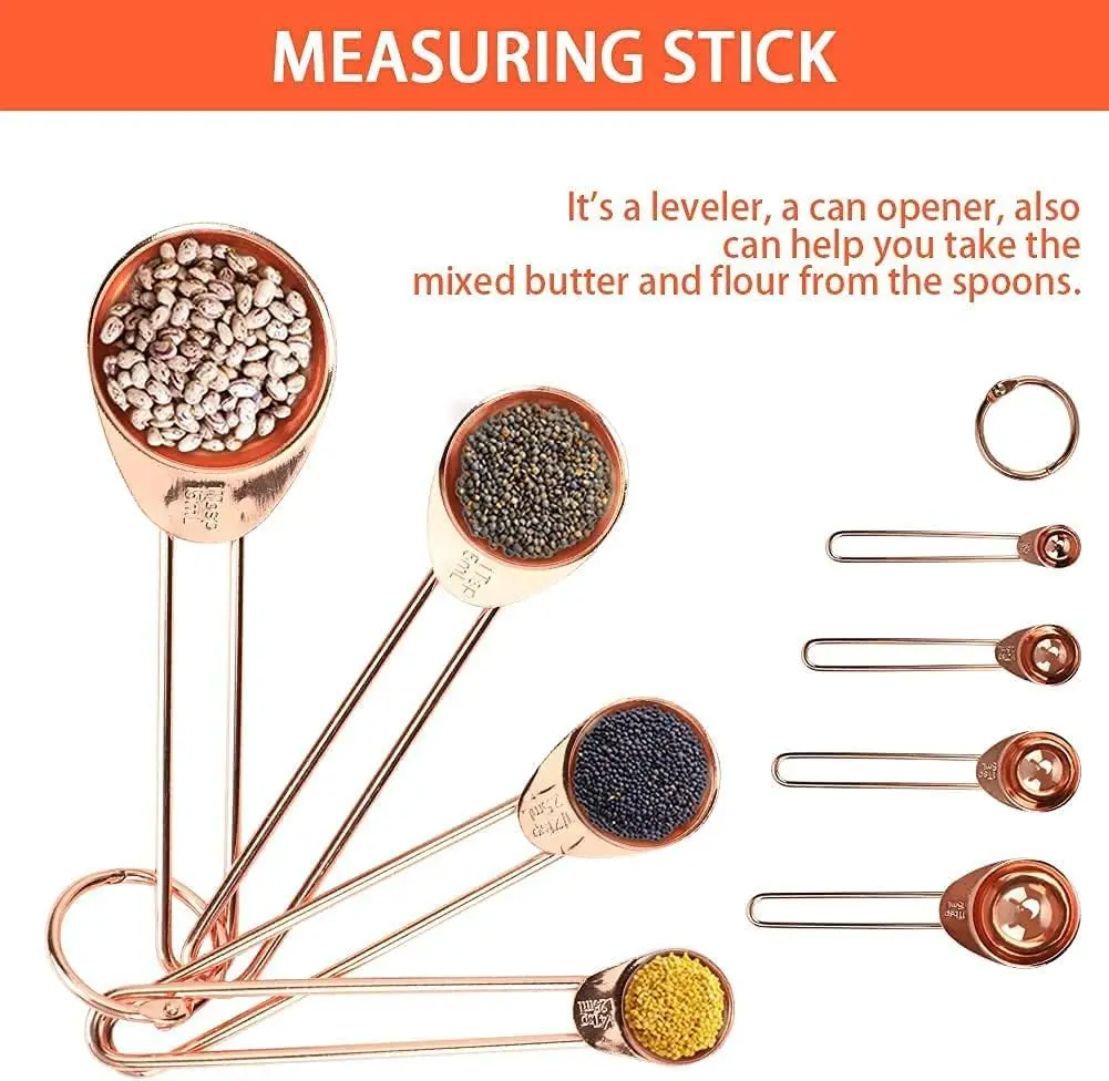8 Pcs Stainless Steel Rose Gold Copper Measuring Cups and Spoons Set with Engraved Marking Ruler for Measuring Dry Liquid