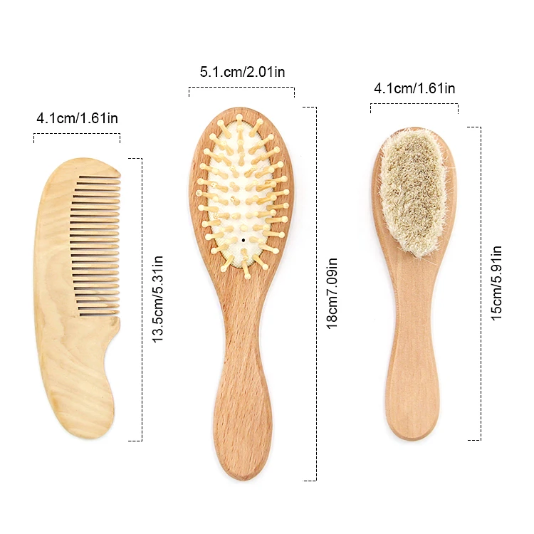 Baby Hair Brush and Comb Set Custom 3Pcs Eco-friendly Wooden Baby Hair Brush and Comb Set