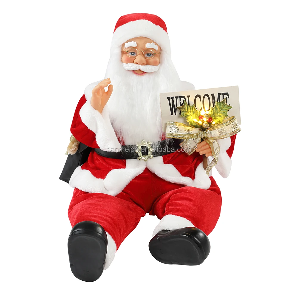 80cm Christmas Sitting Animated Santa Claus with Lighting Musical Ornament Decoration Figurine Collection Traditional Holiday