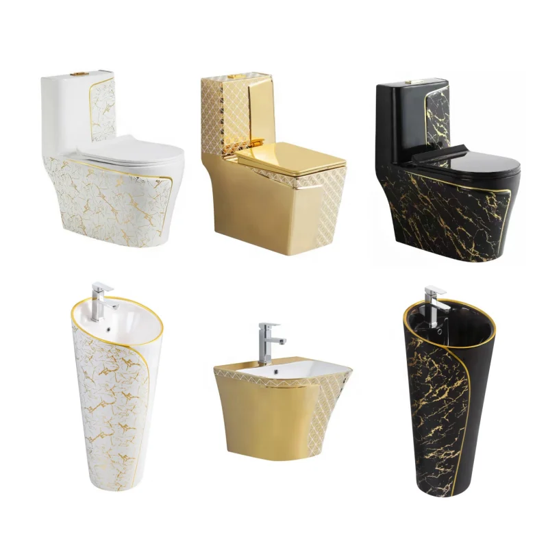Luxury Sanitary Ware Bathroom Marble Toilet Pedestal Basin Sink Black Golden Inodoros WC Commode