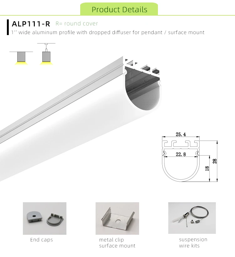 
pendent or surface Aluminium LED profile with round Lens 