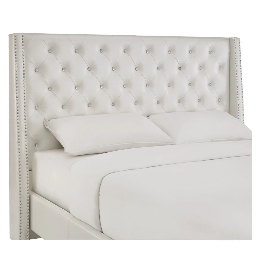 Faux Leather Crystal Tufted Fabric Headboard Ivory White Wingback Upholstered Leather Headboard
