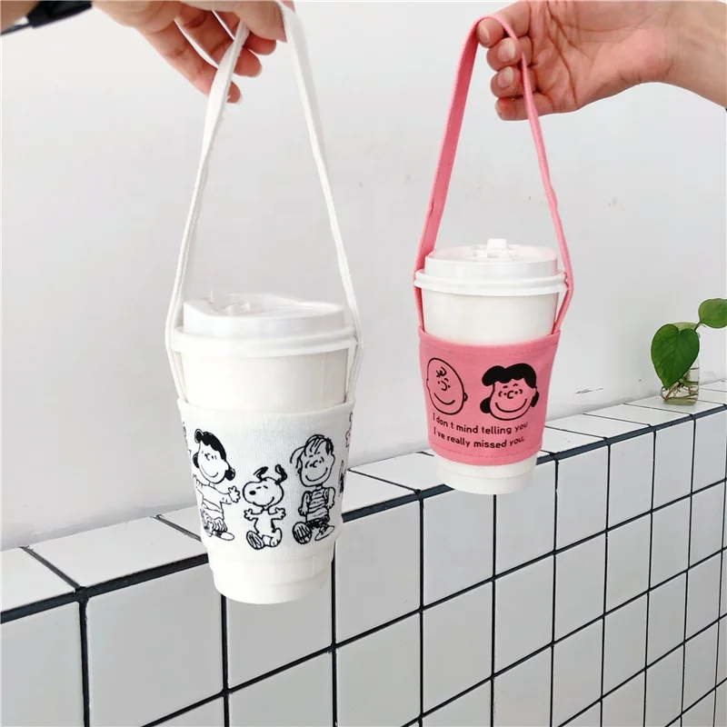 Eco Friendly custom reusable cotton coffee Cup Sleeve with long strap