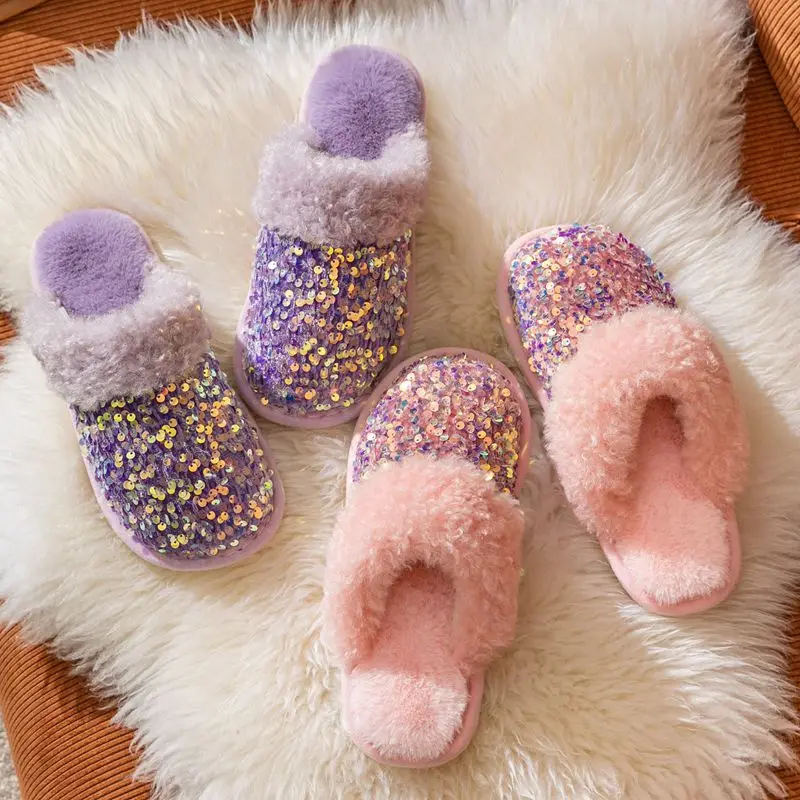 2022 New Women Glitter Sequins Indoor Soft Plush Slippers For Winter Warm Cozy Fluffy Slippers Sequins Slippers