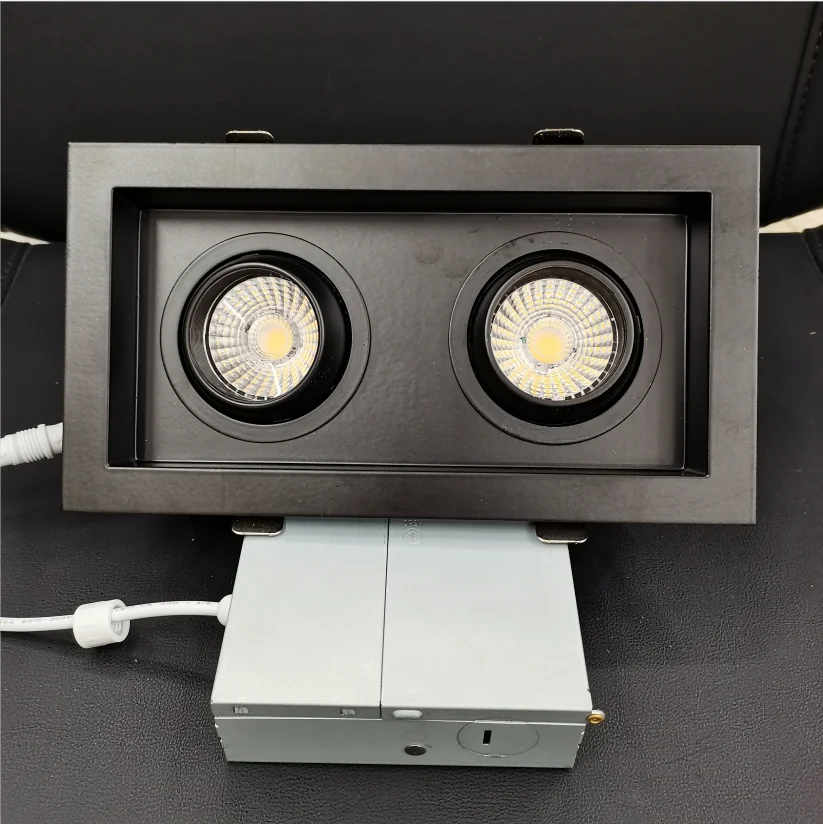 High Lumens Two Heads Square LED COB Recessed Downlight CRI90 2*7-12W 100-277V 0-10 Dimmable Adjustable Lighting